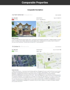 An overview of sold and available comparable properties with location, description, price and status included in the Black Book Report